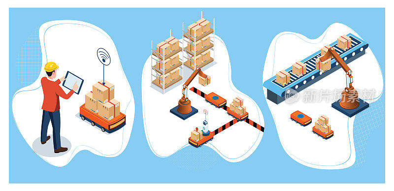 三维等距自动化仓库机器人和智能仓库技术概念，仓库自动化系统和自动化机器人在仓库中的运输。矢量插图EPS 10